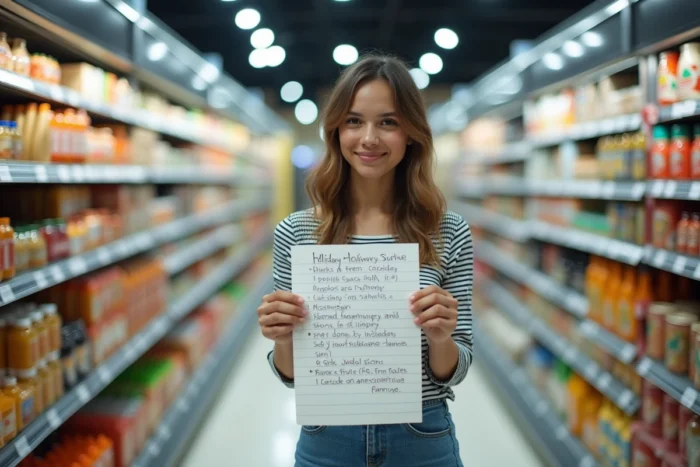 Jeune femme dans un supermarché tenant une liste de courses humoristique version vacances remplie d'articles farfelus
