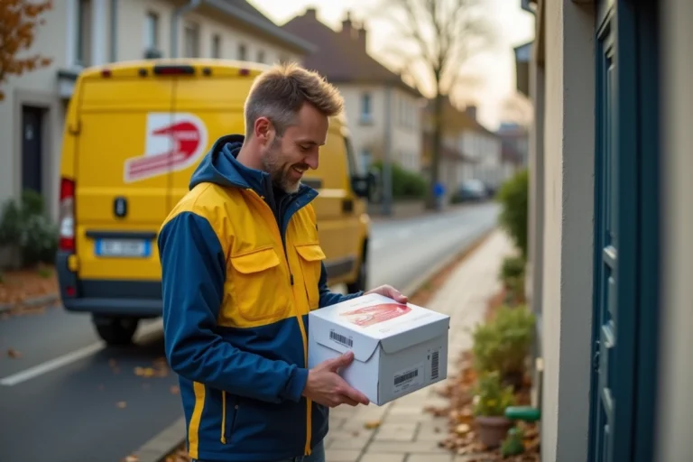 Livreur Colissimo déposant un colis devant une maison le samedi matin en zone pavillonnaire