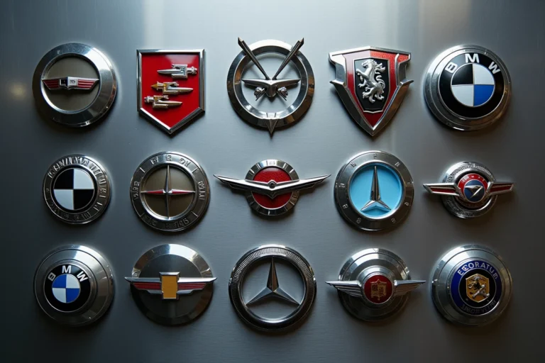 Emblèmes et logos de marques automobiles emblématiques disposés sur une surface en acier brossé