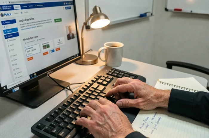 Mains d'un policier tapant un mot de passe sur un clavier d'ordinateur avec des notes manuscrites pour se connecter à e-campus