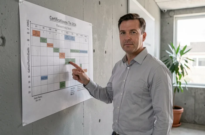 Manager de PME présentant un calendrier de certifications pour l'année 2026