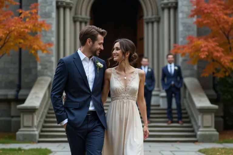 Couple élégant devant une église en pierre au Québec lors d'une cérémonie de mariage discrète en automne