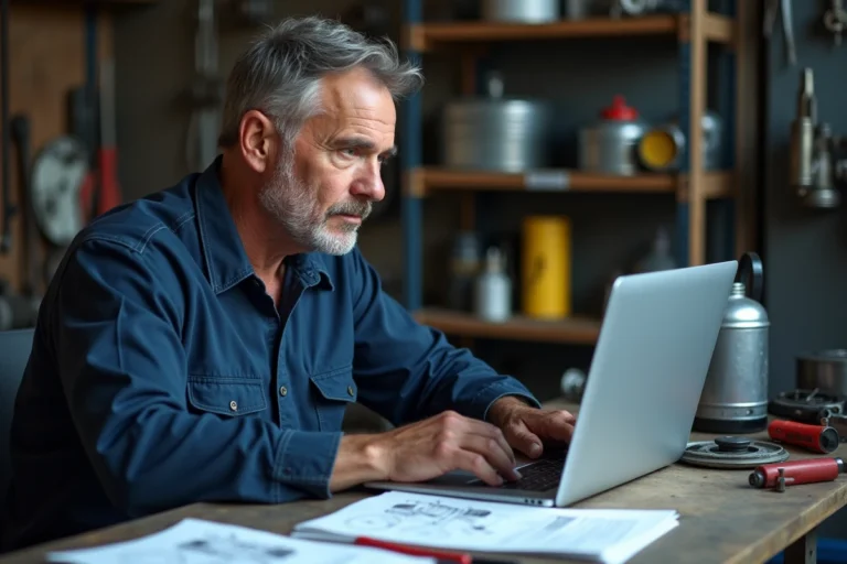 Mécanicien consultant une revue technique automobile en PDF sur son ordinateur portable dans un atelier