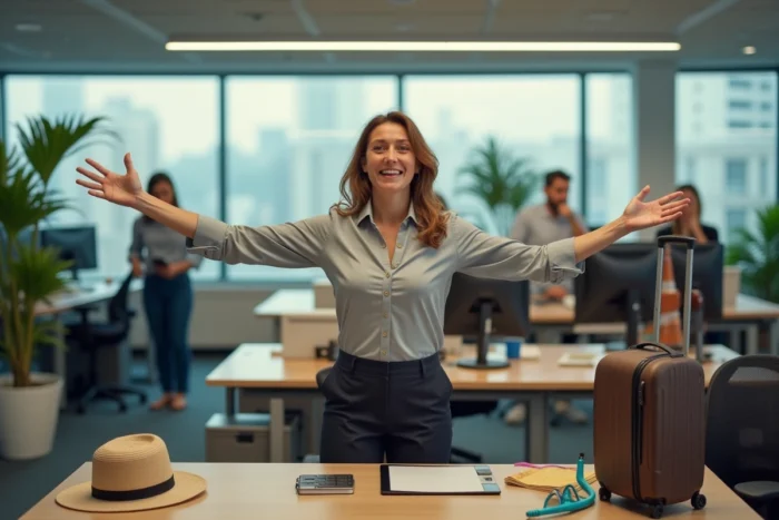 Femme au bureau qui fait ses adieux dramatiques à ses collègues avant de partir en vacances avec ses affaires de plage posées sur son bureau