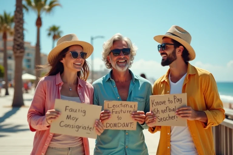 Groupe d'amis hilares sur un bord de mer tenant des pancartes avec des messages humoristiques de vacances d'été