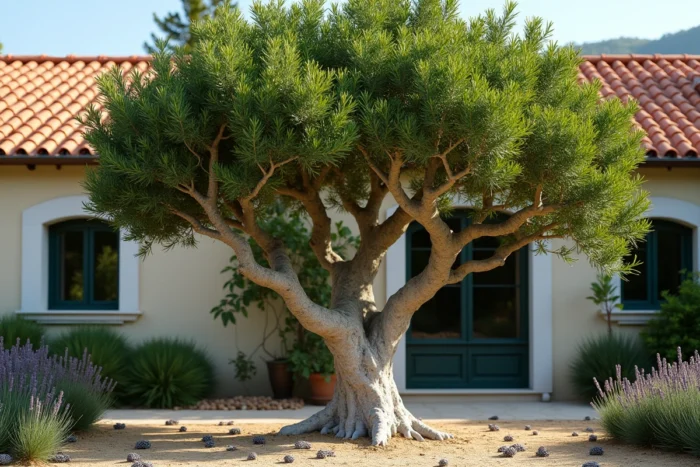Micocoulier de Provence avec son écorce lisse grise et ses feuilles lancéolées dans un jardin méditerranéen