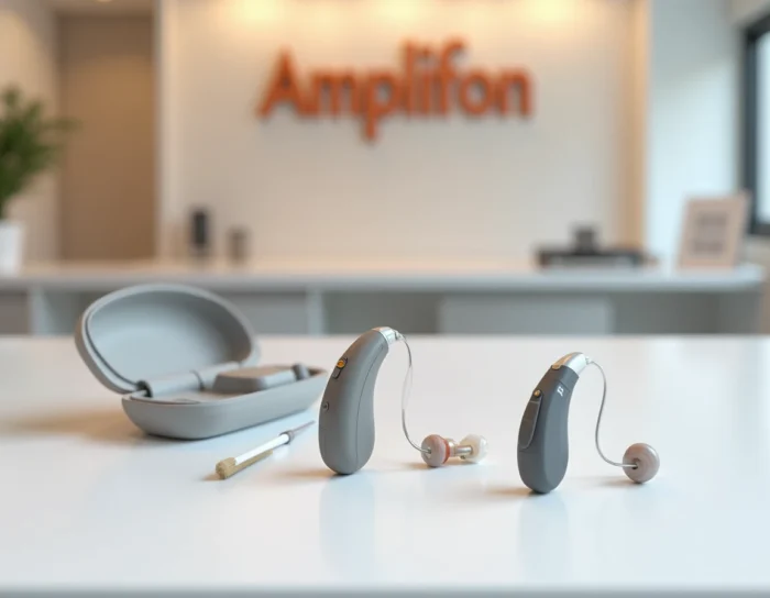 Différents modèles d'appareils auditifs Amplifon présentés sur un comptoir de centre auditif