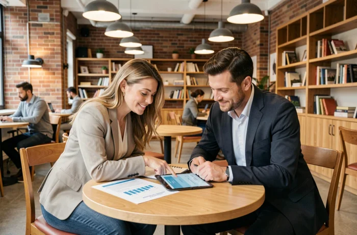 Deux professionnels en train de finaliser une proposition commerciale autour d'une table dans un espace de coworking