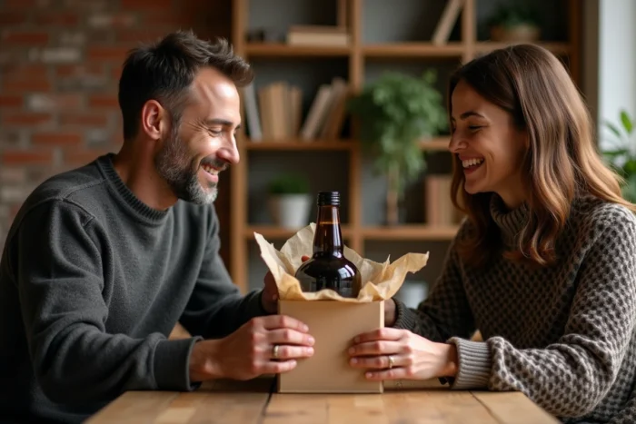 Deux amis partageant un coffret de rhum arrangé lors d'un moment convivial en intérieur