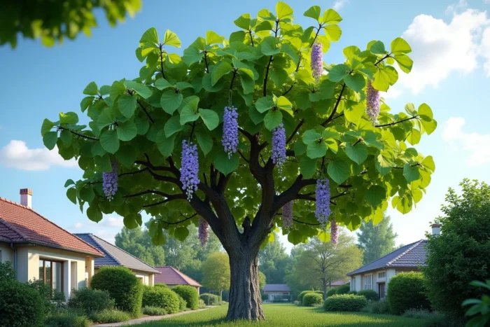 Paulownia tomentosa en pleine floraison avec ses grandes feuilles en cœur et ses fleurs violettes dans un jardin résidentiel