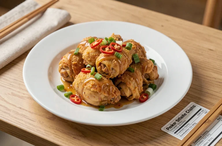 Assiette de Pepe Chicken croustillant avec piments frais et oignons verts, accompagnée d'une fiche nutritionnelle sur table en bois