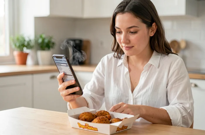 Femme consultant les informations caloriques du Pepe Chicken sur son téléphone devant une boîte à emporter ouverte dans une cuisine moderne