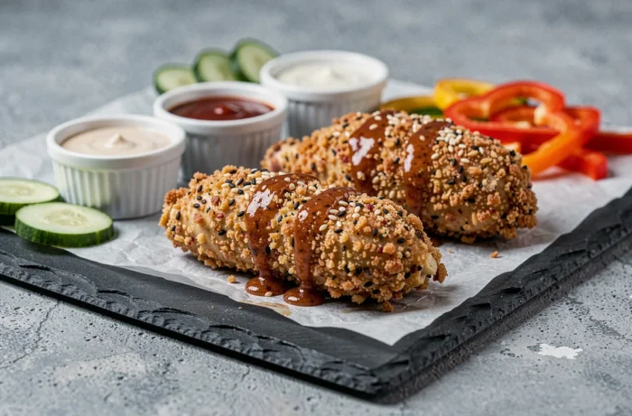 Gros plan sur la texture croustillante du Pepe Chicken épicé avec sauces et légumes frais sur ardoise noire