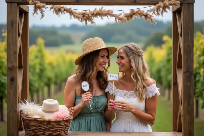 Deux invitées posant dans un photobooth en bois lors d'un mariage en plein air avec accessoires festifs