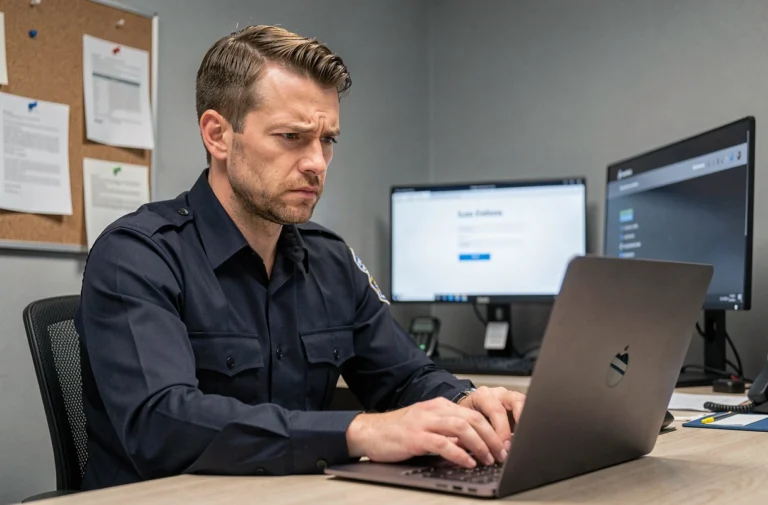 Policier en uniforme assis à un bureau tentant de se connecter à une plateforme e-campus sur un ordinateur portable