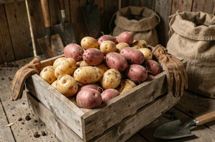 Caisse en bois remplie de pommes de terre fraîchement récoltées dans une grange rustique