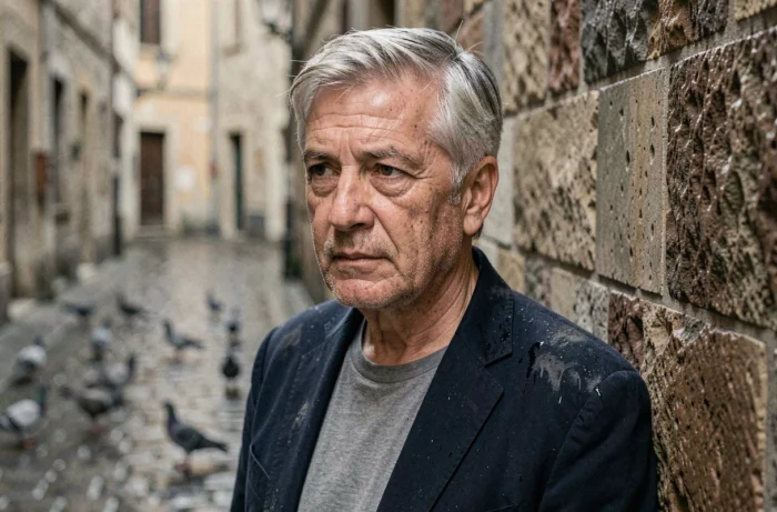 Portrait discret d'un homme aux cheveux grisonnants dans une ruelle pavée européenne, illustrant le parcours oublié d'une figure discrète