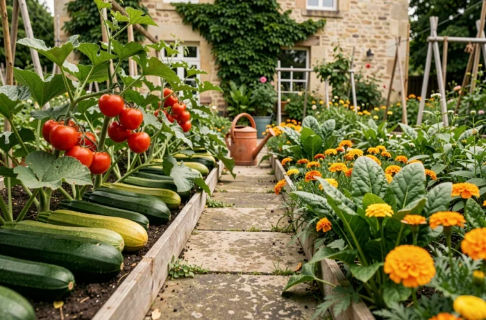 Potager en pleine production estivale avec tomates, courgettes et herbes aromatiques en rangées