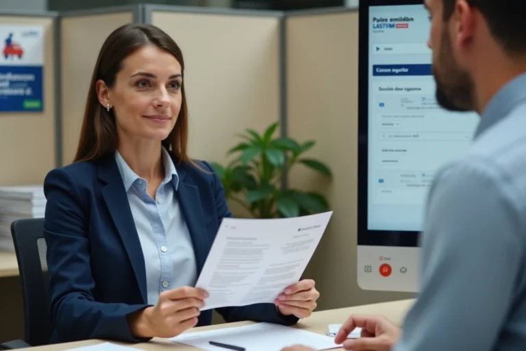 Femme en entretien avec un conseiller Pôle emploi lors d'un premier rendez-vous dans une agence