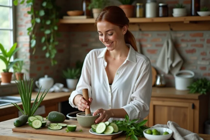 Jeune femme préparant un tonique naturel maison avec des ingrédients botaniques frais dans une cuisine rustique