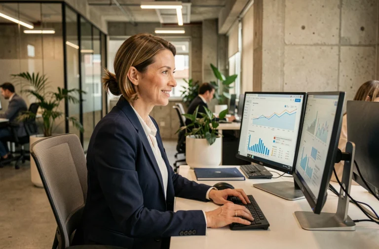 Femme professionnelle analysant des tableaux de bord digitaux sur des écrans d'ordinateur dans un bureau moderne pour optimiser la visibilité en ligne de son entreprise