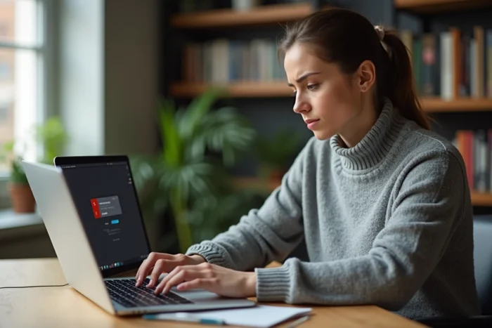 Femme frustrée face à un problème de connexion sur son compte en ligne depuis un ordinateur portable