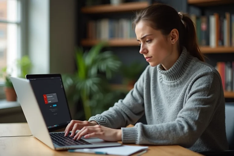 Femme frustrée face à un problème de connexion sur son compte en ligne depuis un ordinateur portable