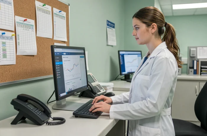 Professionnelle de santé accédant à la plateforme Netsoins sur un ordinateur de bureau dans un service hospitalier