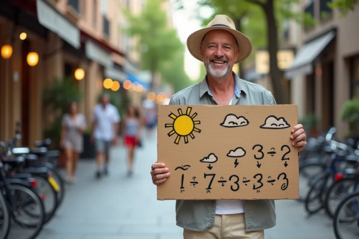 Homme tenant un panneau météo fait main avec des prévisions estivales personnalisées et humoristiques dans une rue animée