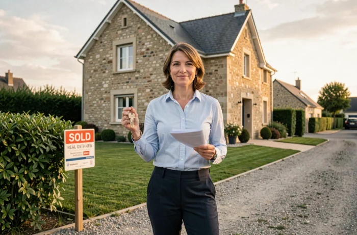 Femme propriétaire devant sa maison financée grâce au prêt Modulimmo