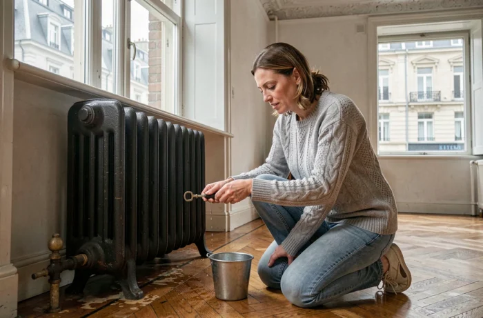 Femme purgeant un radiateur en fonte dans un salon bruxellois au parquet en chevrons