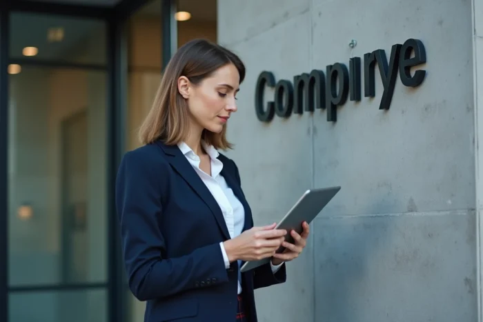 Femme professionnelle examinant un nouveau panneau de marque d'entreprise devant un immeuble moderne, illustrant le rebranding de Zakmav