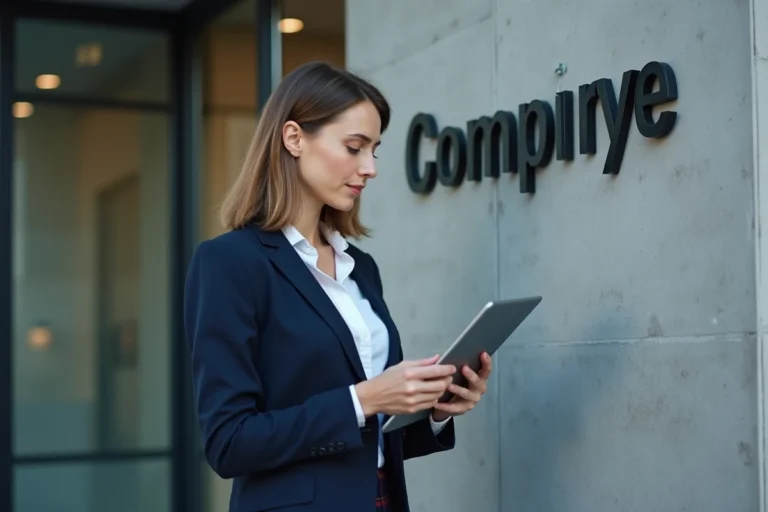 Femme professionnelle examinant un nouveau panneau de marque d'entreprise devant un immeuble moderne, illustrant le rebranding de Zakmav