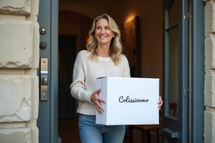 Femme recevant un colis Colissimo à domicile le week-end avec une expression de satisfaction