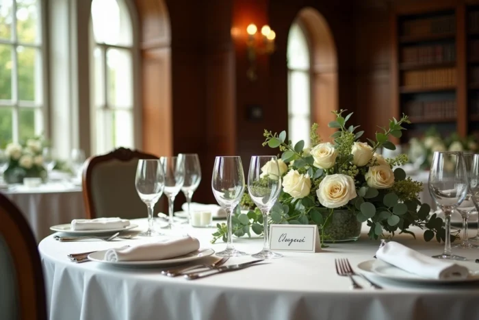 Table de réception de mariage élégante dans un manoir patrimonial de Montréal avec décoration florale raffinée