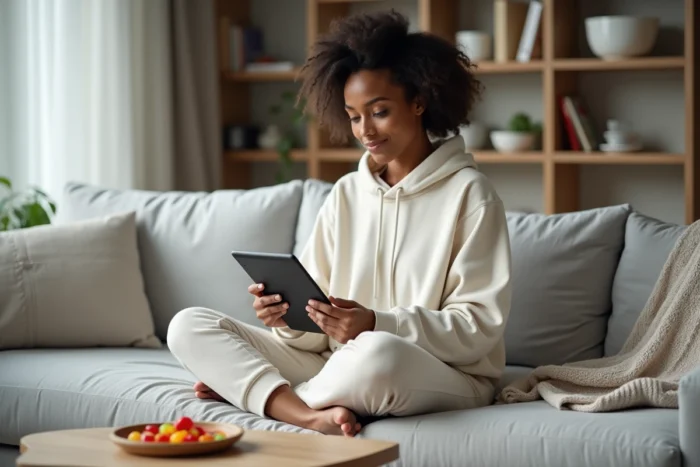 Femme se renseignant sur les effets secondaires des gummies Lashilé Good Hair sur une tablette à la maison