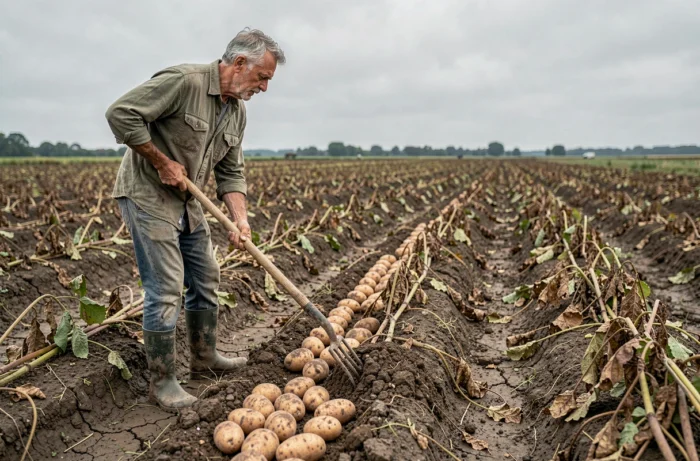 Agriculteur récoltant des pommes de terre à la fourche dans un champ agricole en automne
