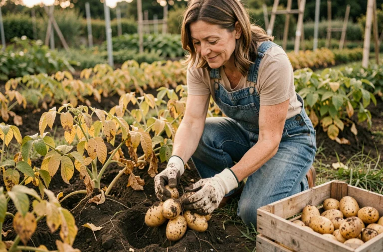 Femme récoltant des pommes de terre mûres dans un potager en fin d'été