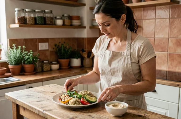 Femme préparant un repas méditerranéen équilibré dans une cuisine en bois avec légumes grillés, quinoa et avocat pour un régime alimentaire sain