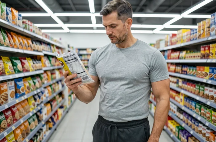 Homme lisant l'étiquette nutritionnelle d'un aliment en supermarché pour choisir les meilleurs produits adaptés à son régime minceur