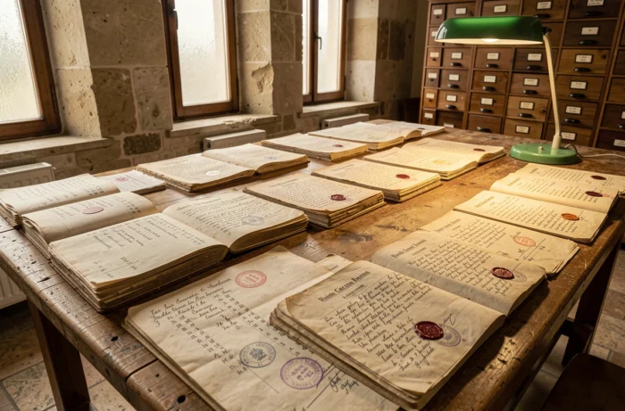 Registres d'état civil anciens ouverts sur une table d'archives montrant des actes de mariage officiels