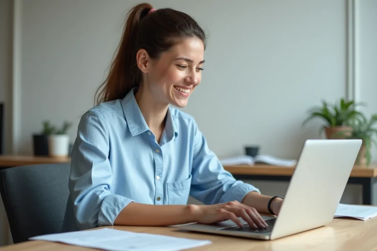 Femme renouvellant son permis de conduire en ligne sur un ordinateur portable depuis son bureau à domicile