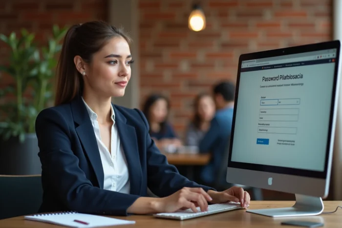 Jeune femme en espace de coworking résolvant un problème de connexion à un compte en ligne sur ordinateur de bureau