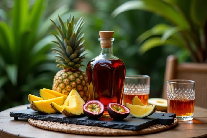 Bouteille de rhum arrangé maison avec fruits tropicaux frais sur terrasse extérieure en été