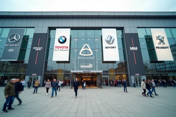 Façade d'un salon automobile international avec logos de grandes marques de voitures sur des bannières
