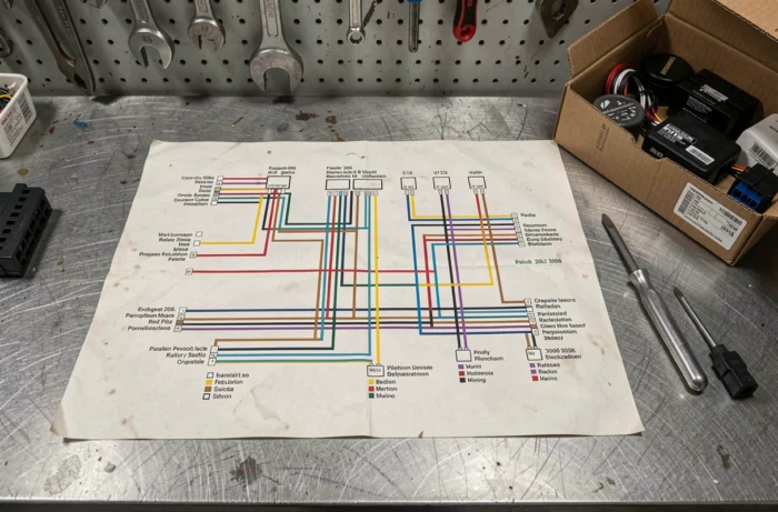 Schéma de branchement autoradio Peugeot avec code couleur des fils posé sur un établi d'atelier