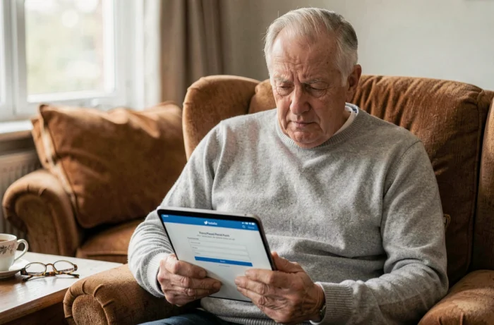 Homme âgé utilisant une tablette pour accéder à son espace personnel Netsoins depuis son salon