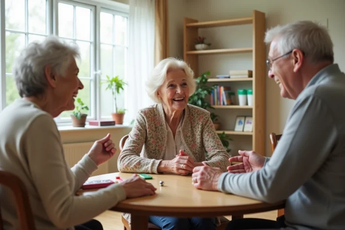 Groupe de seniors jouant à un jeu de société dans la salle commune d'un centre d'activités pour personnes âgées