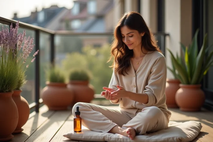 Femme prenant soin de ses mains avec de l'huile de rose musquée sur un balcon fleuri entouré de plantes naturelles