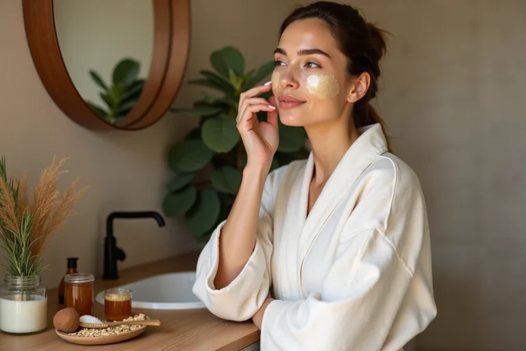 Femme appliquant un masque naturel au miel et à l'avoine dans une salle de bain minimaliste avec des ingrédients naturels